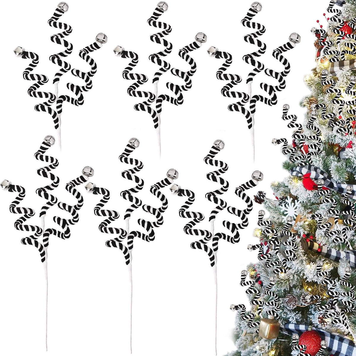 RINOLY 6 Pcs Christmas Tree Topper,17 in Black and White Candy Cane Christmas Decorations,Woolen Bells Curly Christmas Tree Picks Xmas Ornaments for Tree Decors Vase Filler Garland