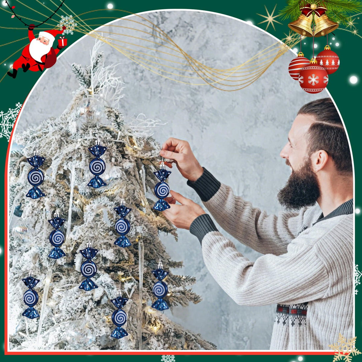Threan 12 Pcs Christmas Candy Ornaments for Tree Decoration Hanging Glitter Candy Cane Christmas Peppermint Ornament with Golden Rope for Xmas Holiday Decoration(Dark Blue,Plastic)
