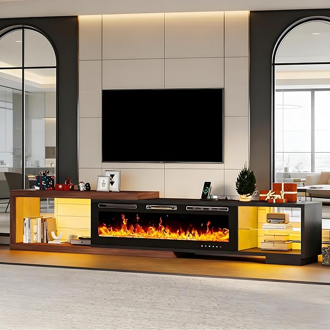 Extendable TV Stand with 50" Electric Fireplace, Modern LED Entertainment