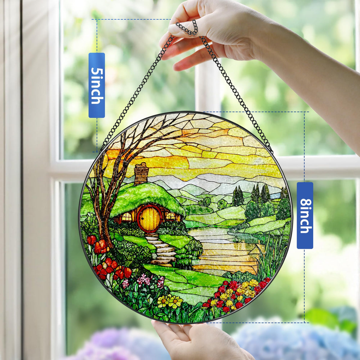 Stained Glass Window Hanging, Pauyadu 8 Inch The Shire Stained Glass Suncatcher, Window Decorations for Home, Mother's Day, Christmas, Birthday Gifts for Women, Mom, and Grandma, Nature Lovers