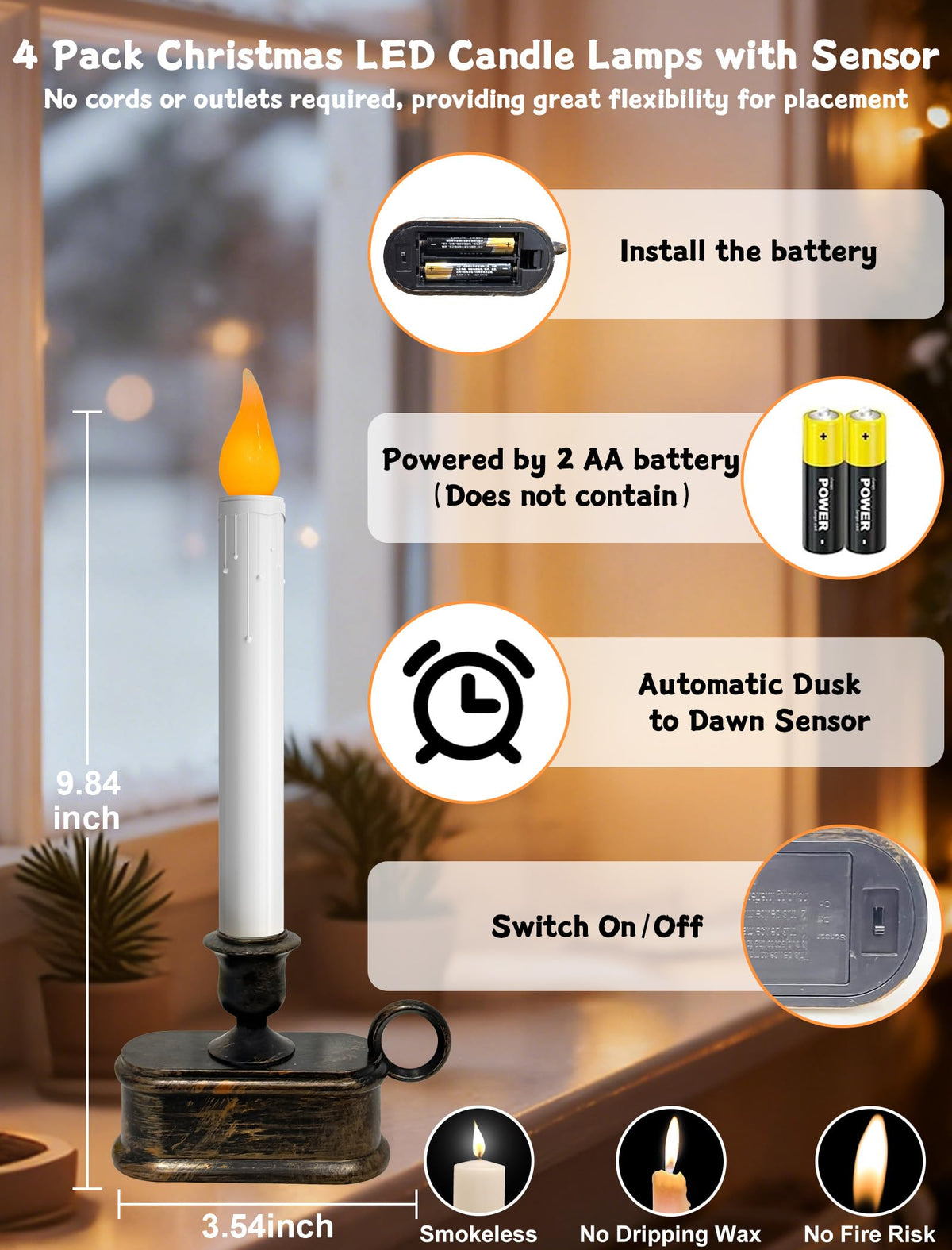4 Pack Christmas LED Candle Lamps with Sensor, 10Inch Battery Operated Window Candles with Flickering Flame for Indoor Bedroom Christmas Decoration with Bronze Plated Holder