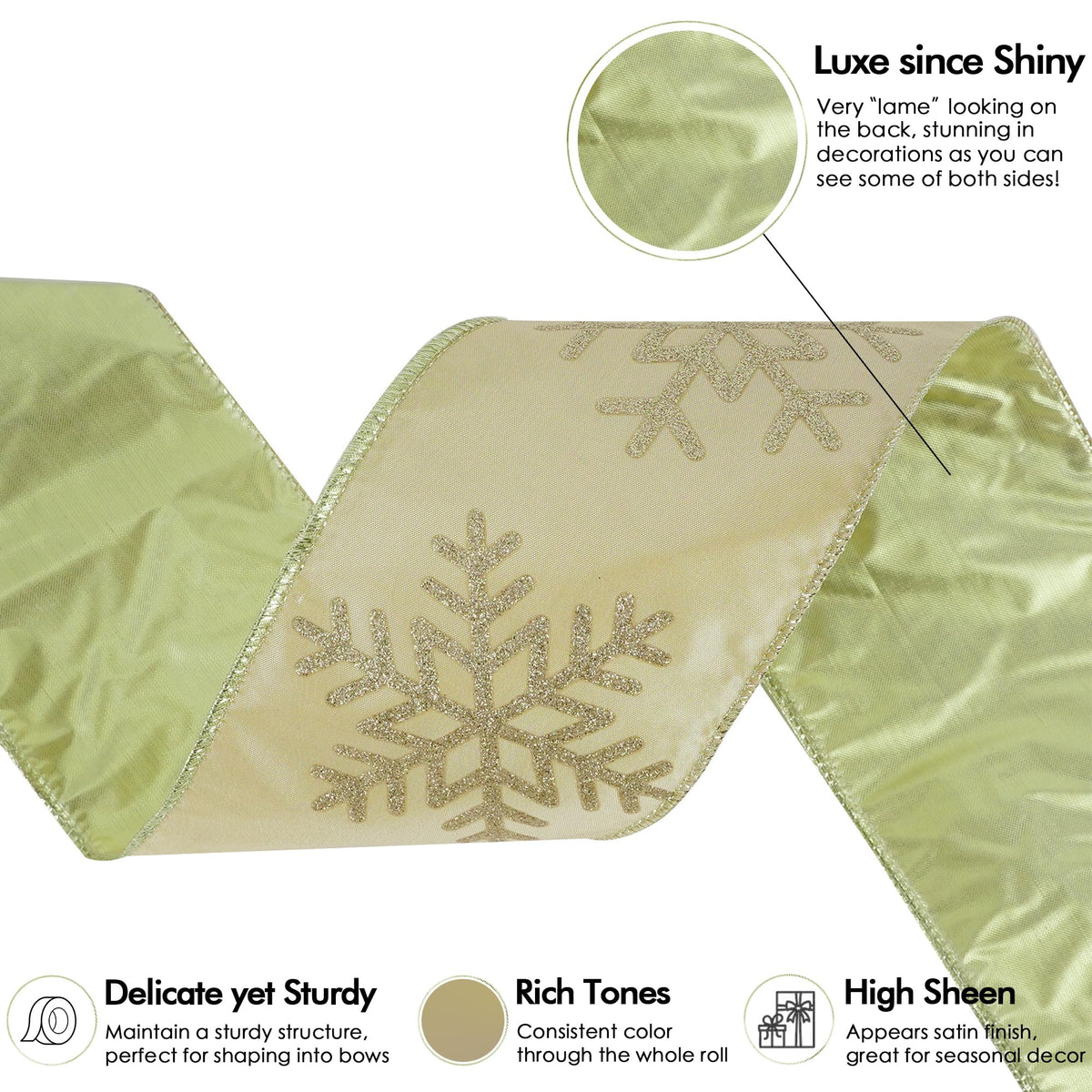 MEEDEE 4 Inch Champagne Gold Snowflake Ribbon Satin Wired Christmas Tree Ribbon with Champagne Glitter Snowflake 10 Yards Champagne Gold Ribbons for Christmas Tree, Garlands, Topper Bow