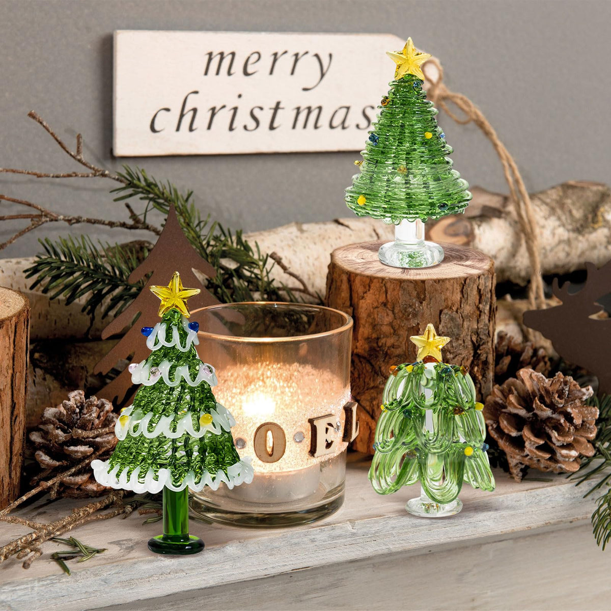 SYWAN Mini Crystal Christmas Tree Figurine Collection, Hand Blown Glass Tree Dollhouse Fairy Garden Miniature Small Winter Figurine for Xmas Party Tabletop Mantel Home Decorative Hanging Ornament