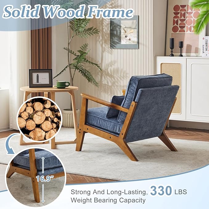 VINGLI Solid Wood Wide Armrests Accent Chair, Upholstered Mid Century Modern