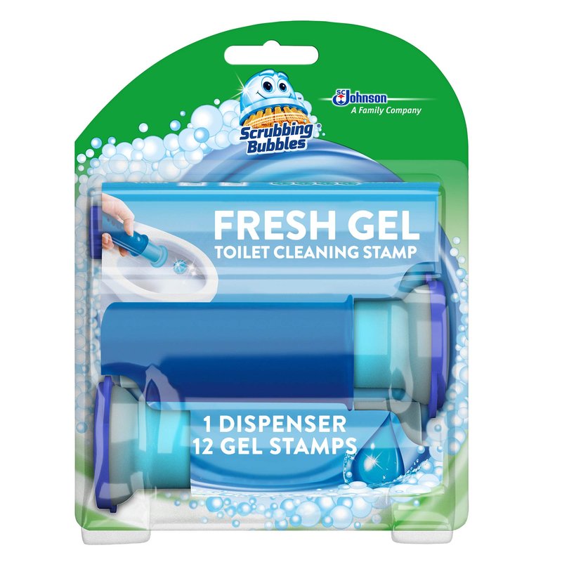 Scrubbing Bubbles Fresh Gel Toilet Cleaning Stamp, Rainshower, Dispenser with 12 Gel Stamps, 2.68 oz