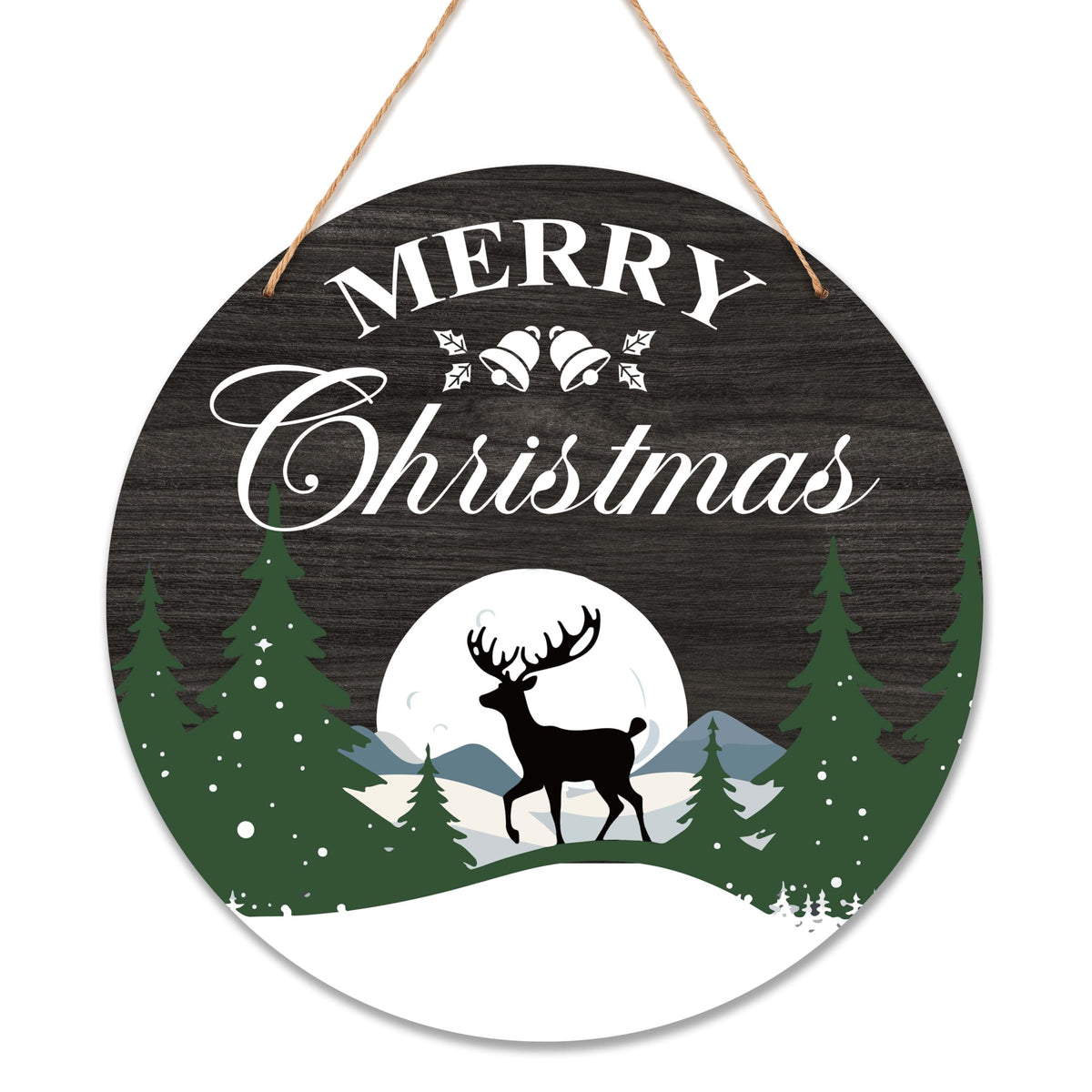 OXRUN Merry Christmas Wooden Hanging Decorations, Winter Xmas Tree Reindeer Door Sign with Jute Rope, Wooden Farmhouse Wall Front Door Hanger, Housewarming Gifts-A01