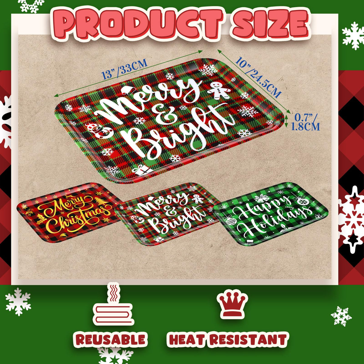Rtteri 3 Pcs 13 x 10 Inch Christmas Serving Trays Red and Green Plaid Plastic Xmas Serving Platters Dishes Reusable Christmas Decorations for Holiday Party Sharing Snack Fruit Dessert Candy