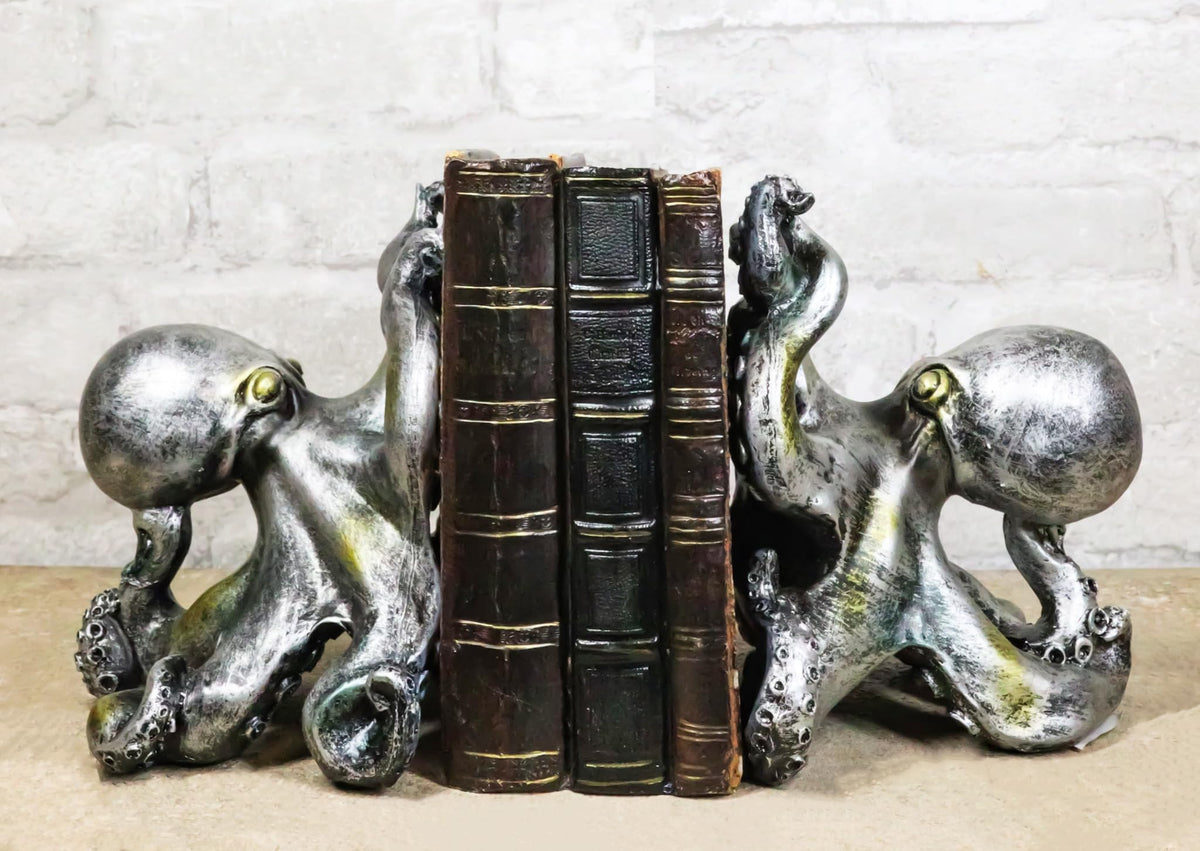 Ebros Nautical Coastal Sea Monster Octopus Bookends Set Statue in Faded Bronze Antique Finish 6.25" H Mythical Sea Giant Cthulhu Kraken Decorative Office Study-Room Library Desktop Decor Figurines