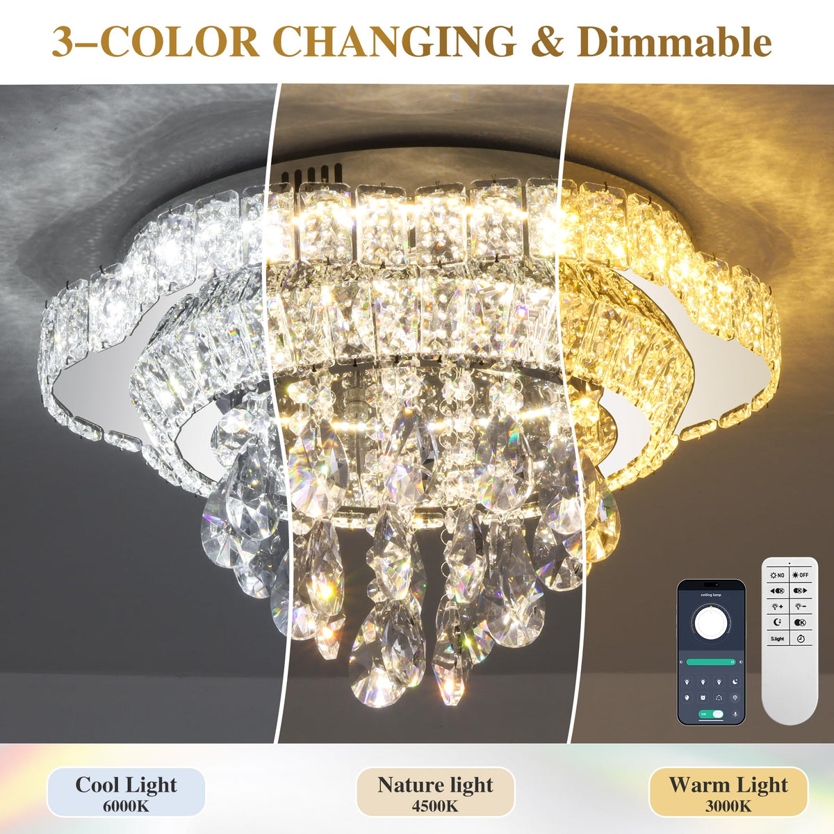 Kuailkag Silver 18" Modern Flush Mount Chandelier for Bedroom, LED Crystal Ceiling Light Over Table,Elegant Dining Room Lighting Fixture with Remote Control, 3CCT Dimmable