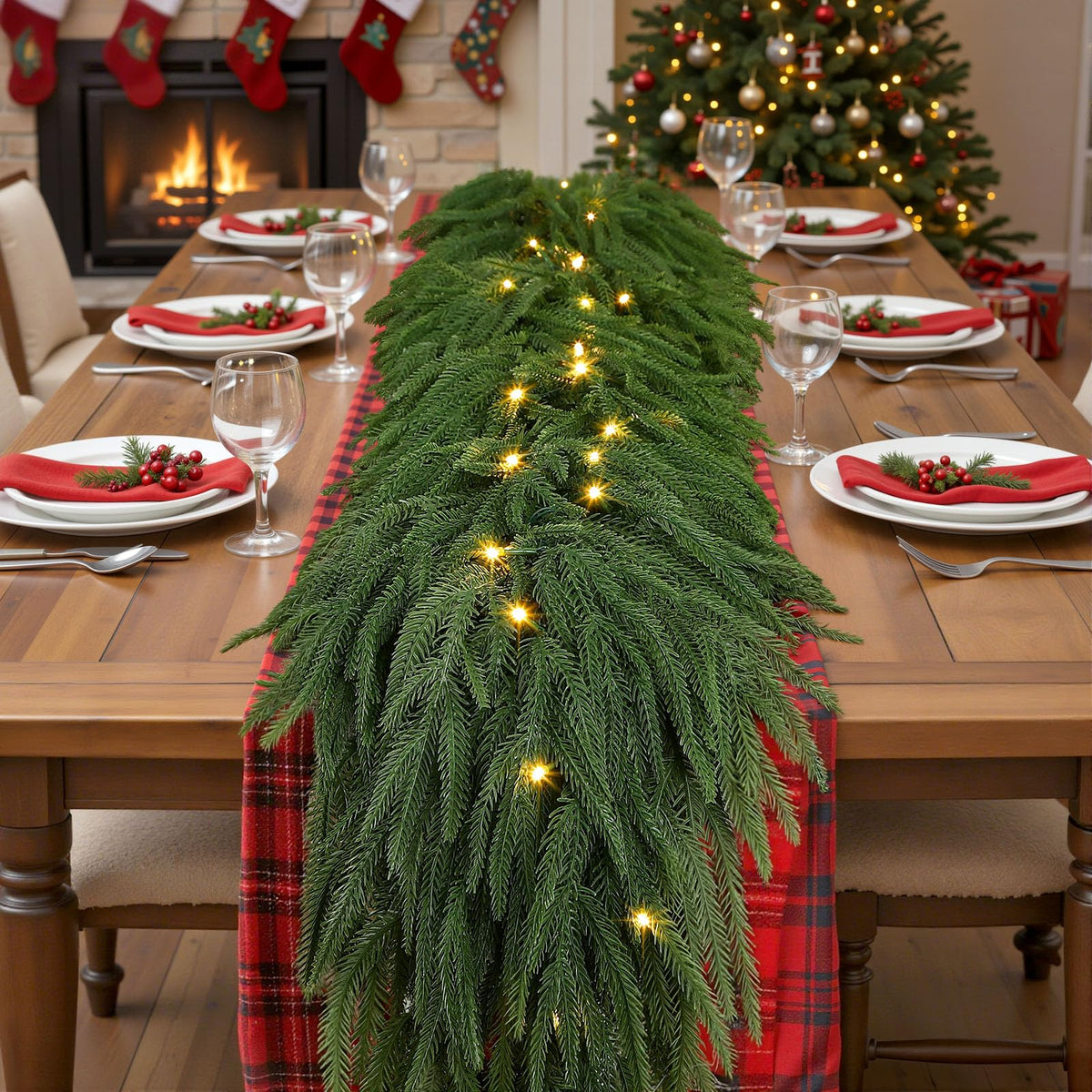 9ft Artificial Christmas Garland with Lights, Real Touch Norfolk Pine Garland - Pine Garlands, Prelit Green Christmas Garland for Mantle, Table, Fireplace, Indoor, Outdoor Christmas Decorations