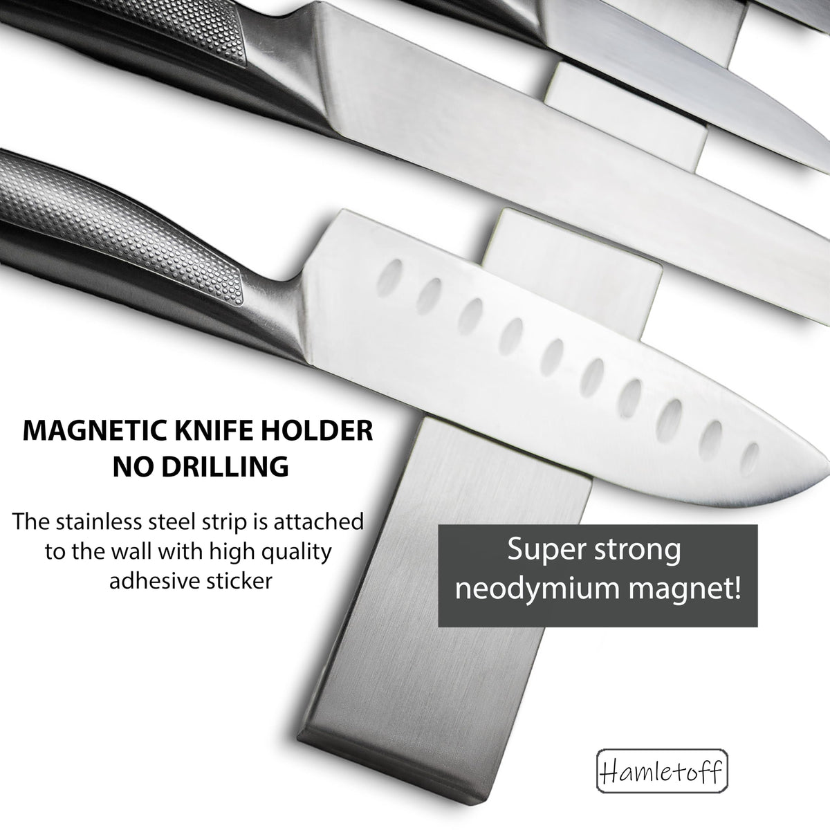 Hamletoff Premium Magnetic Knife Strip for Wall no Drilling – 12 Inch Stainless Steel Magnetic Knife Holder with Neodymium Magnet Strong Adhesive Tape - Lightweight Kitchen Magnet Knife Bar