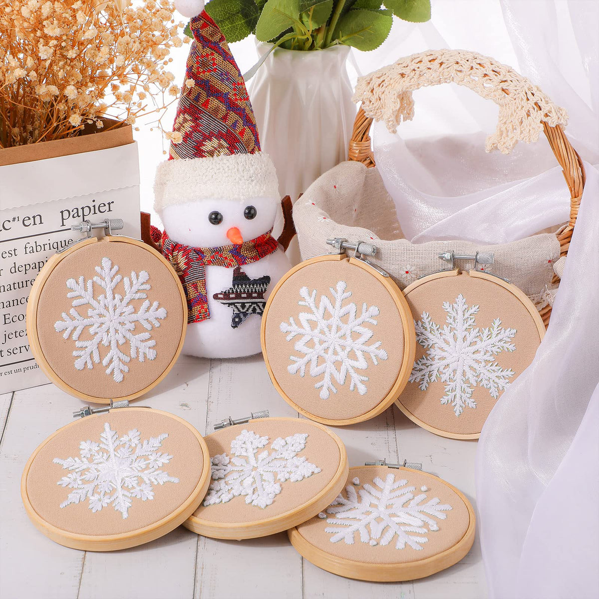 Roowest 6 Sets Christmas Embroidery Kits for Beginners Adults Winter Snowflake Cross Stitch Embroidery Ornament Kit DIY Craft Needlepoint Set with Pattern Instructions Thread Needle Ribbon(Tan)