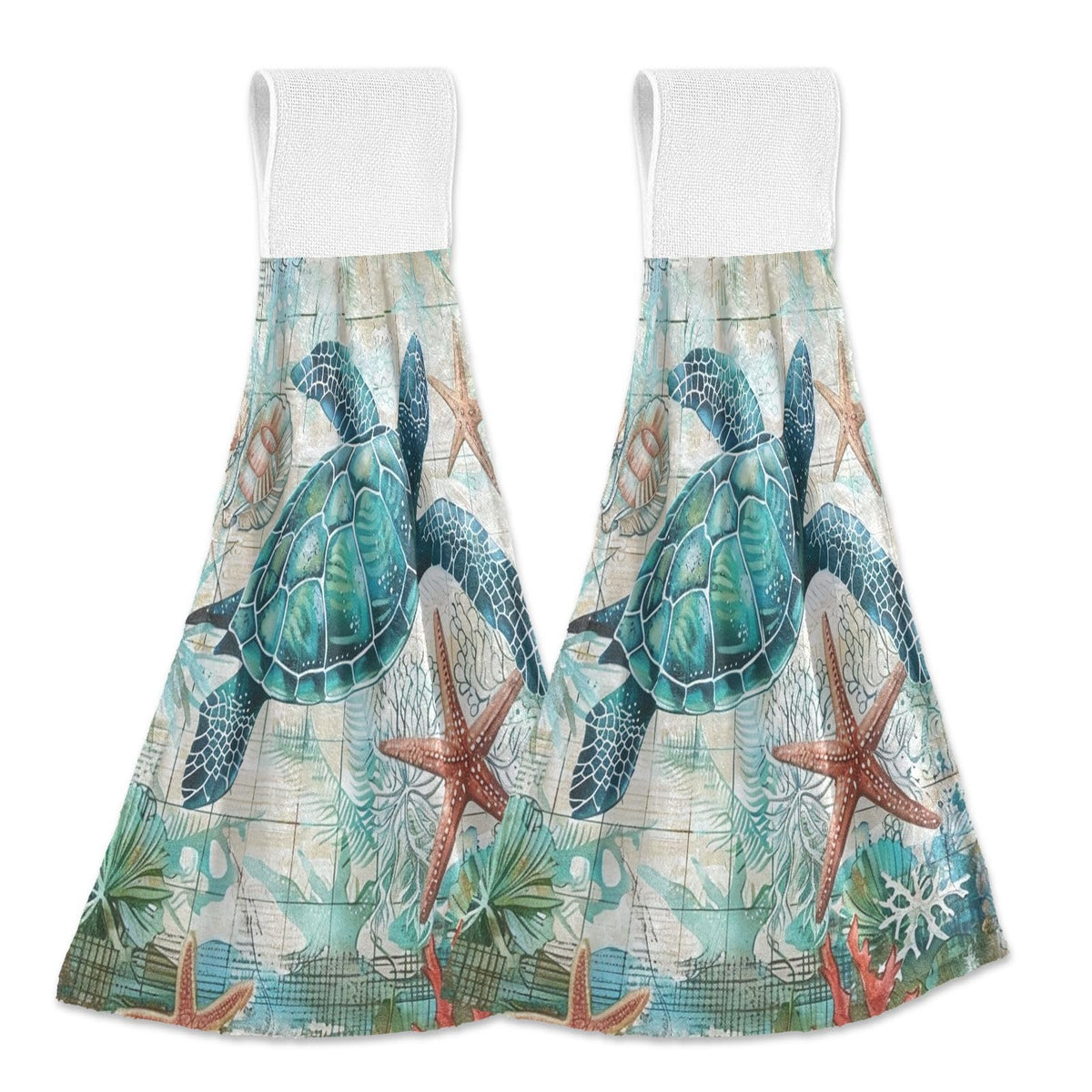 Boccsty Sea Turtle Starfish Fingertip Bath Towels 2 Pcs Tortoise Map Ocean Animal Hanging Hand Bath Towel Tea Bar Towels for Bathroom Farmhouse Tabletop Home Decor