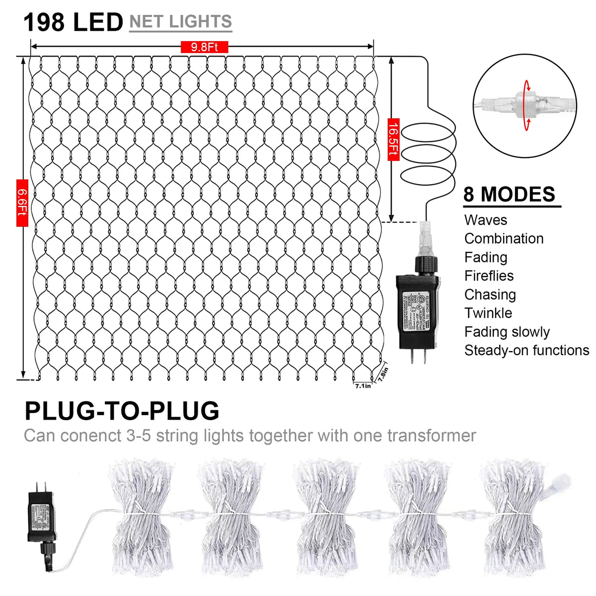198 LED Christmas Net Lights Plug in, 9.8 FT x 6.6 FT Red Green Waterproof Net Lights Outdoor, 8 Twinkle Modes Mesh Fairy Light for Xmas Tree Bush Garden Ceiling Holiday Decoration