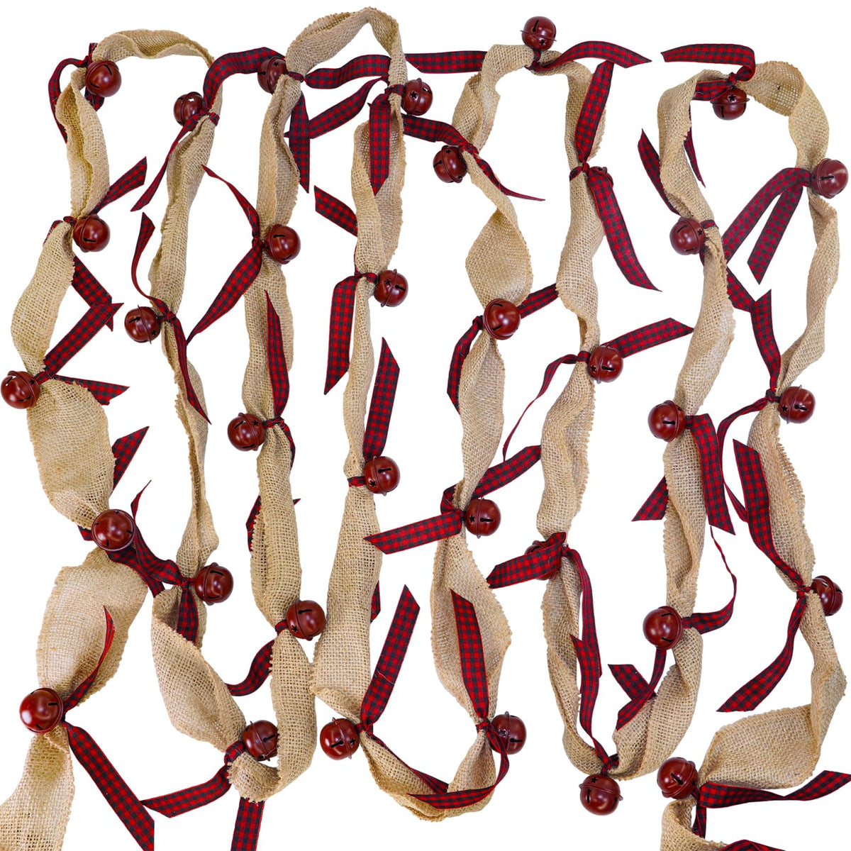 Winlyn Rustic Sleigh Bell Garland - 6 Yards Burlap with Buffalo Plaid Ribbon - Metal Jingle Bells - Farmhouse Christmas Tree & Banister Mantel Decoration