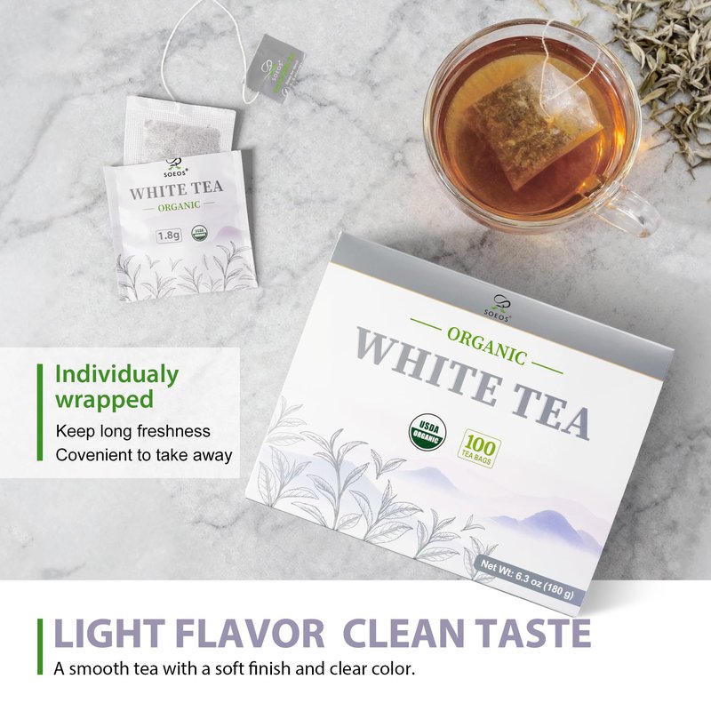 Soeos Organic White Tea, 100 Tea Bags, Individually Wrapped Teabags, Low Caffeine, Subtle Floral Aroma & Smooth Taste, Quality Tea for Everyday Brewing, Perfect for Hot or Iced Tea Lovers, 6.3oz (180g)