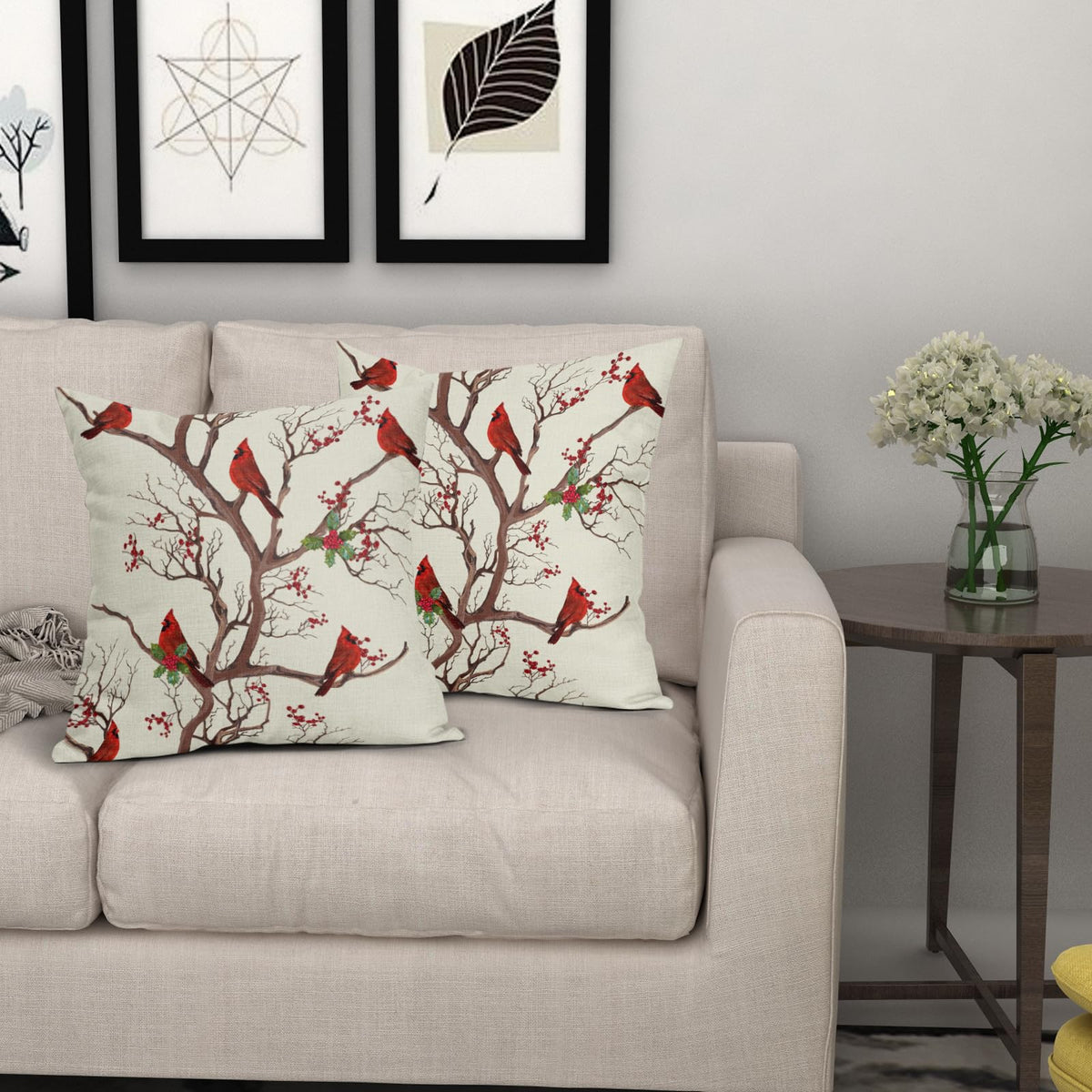 Aytipun Red Winter Bird Pillow Covers 18x18 Set of 2 Rustic Christmas Bird Branches Leaf Print Decorative Outdoor Pillowcases Rustic Farmhouse Throw Cushion Case Decor for Couch Sofa Bed