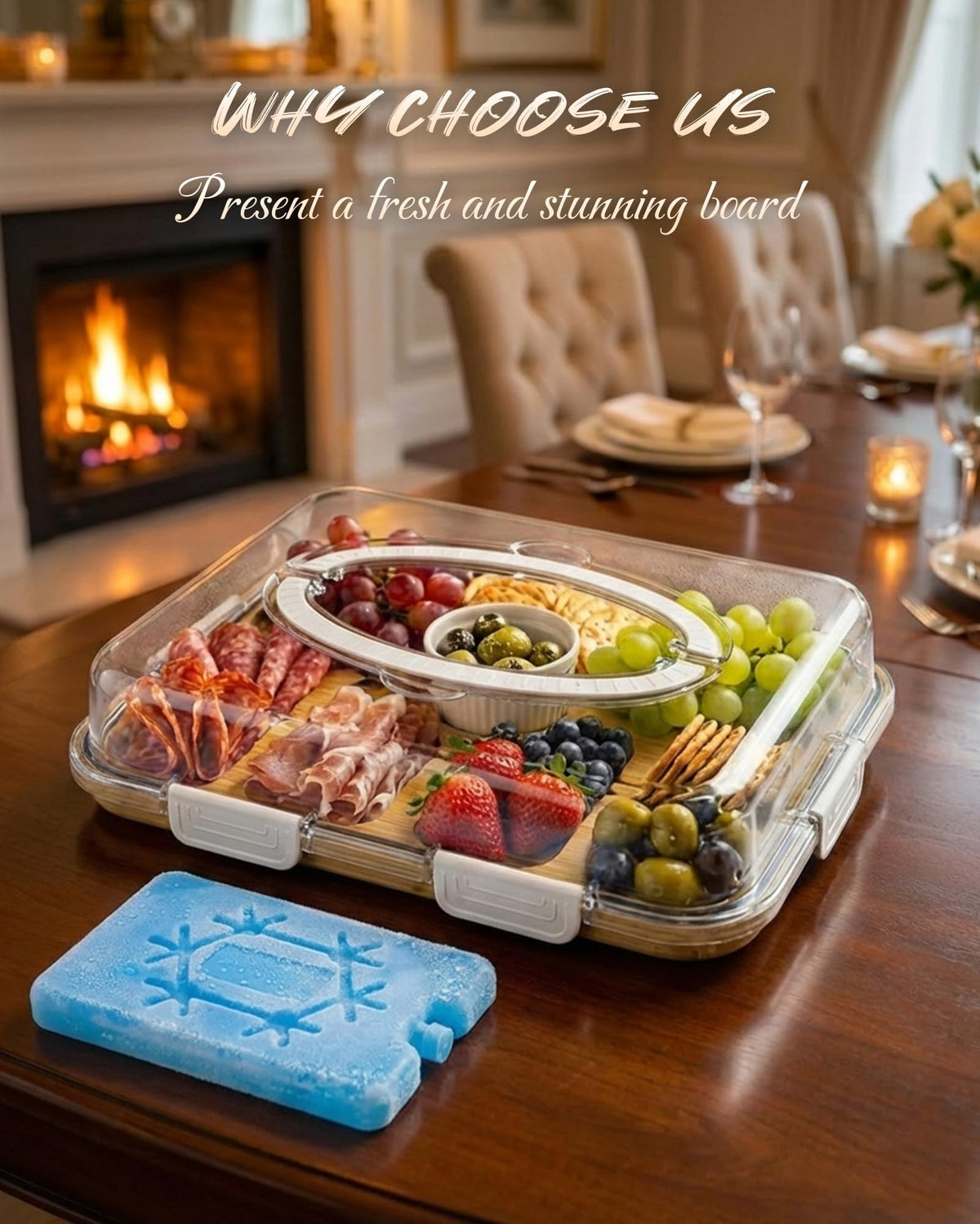Charcuterie Board with Lid & Ice, Upgraded 6 Snap Laches, Sauce Cup Included, Large Portable Cheese Tray with Handle, Serving Tray for Picnic & Pool, House Warming Gifts New Home (White)
