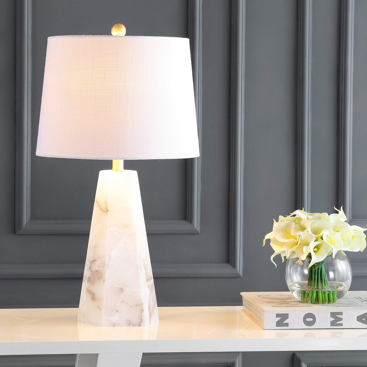 JONATHAN Y 25.5" Natural Alabaster/Brass Gold Modern Table Lamp for Bedroom, White Linen Shade, Contemporary Bedside Nightstand Lamp for Living Room, LED Bulb Included JYL6205A