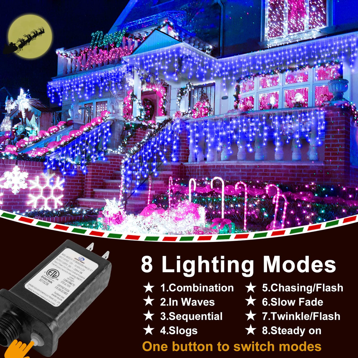 Christmas Lights Outdoor Decorations 1216 LED 99ft 8 Modes Curtain Fairy String Light with 228 Drops, Clear Wire LED String Light Indoor Decor for Wedding Party Holiday Christmas Decoration Blue