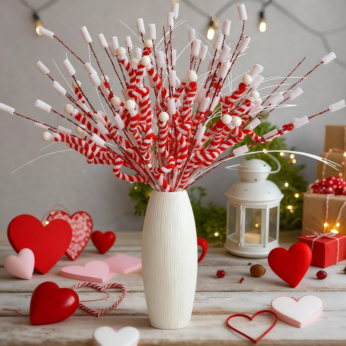 Suncalla 6 Pcs Valentine's Day Tree Decorations 16'' Red and White Stripes Valentines Picks Peppermint Candy Cane Curls Picks Warm Woolen Sticks Tree Topper Ornaments for Vase Wreath Garland Craft