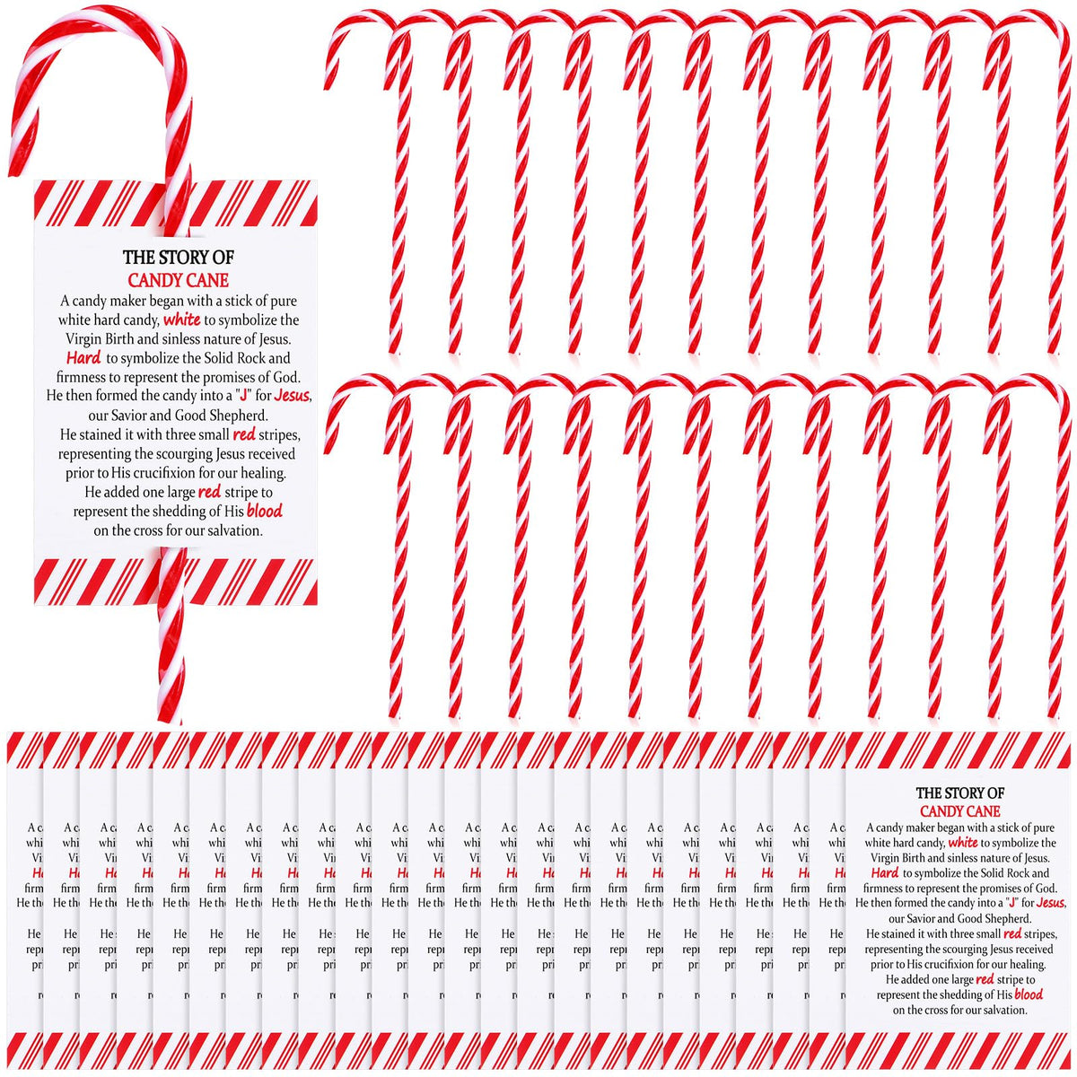 Cinnvoice 50 Sets Christmas Candy Cane Ornament and Candy Cane Meaning Story Cards Plastic Christmas Tree Hanging Ornaments Twisted Red and White Tree Decoration for Xmas Party Supplies