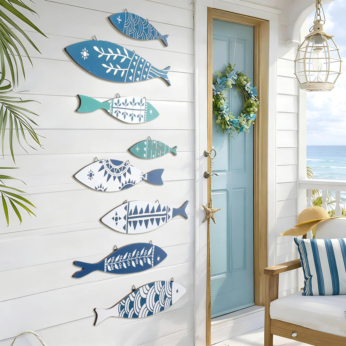 Novabright 8 Pcs Wooden Fish Wall Decor Nautical Oceans Beach Decor Fish Hanging Wall Art Ocean Coastal Rustic Farmhouse Theme for Home Ocean Lake House Bathroom Bedroom