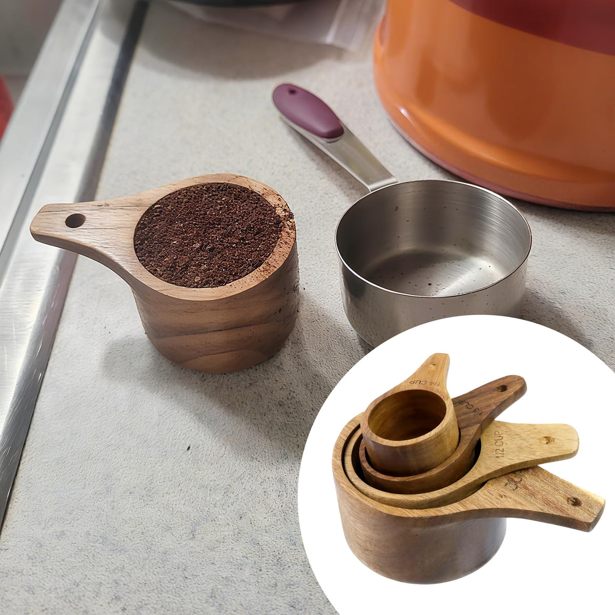 Tighall Wooden Coffee Ground Spoon Kit, Multipurpose Bath Salt Scoop, Measuring for Ground Beans, Tea or Rice, Handmade Beech Scoop（4 Pack, Beech-1/4+1/3+1/2+1）