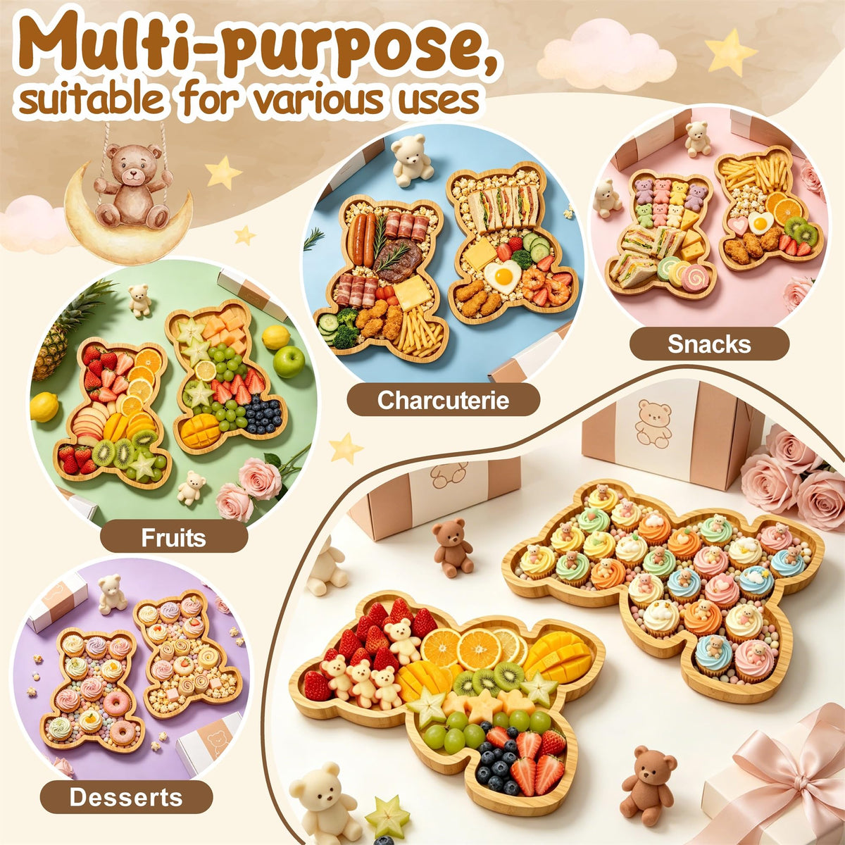2pc Charcuterie Boards Platters Bear Baby Shower Food Trays Wooden Bear Party Decorations Gender Reveal Food Display Snack Tray Kids Birthday Party Plates Fillable Serving Board for Fruit Cheese