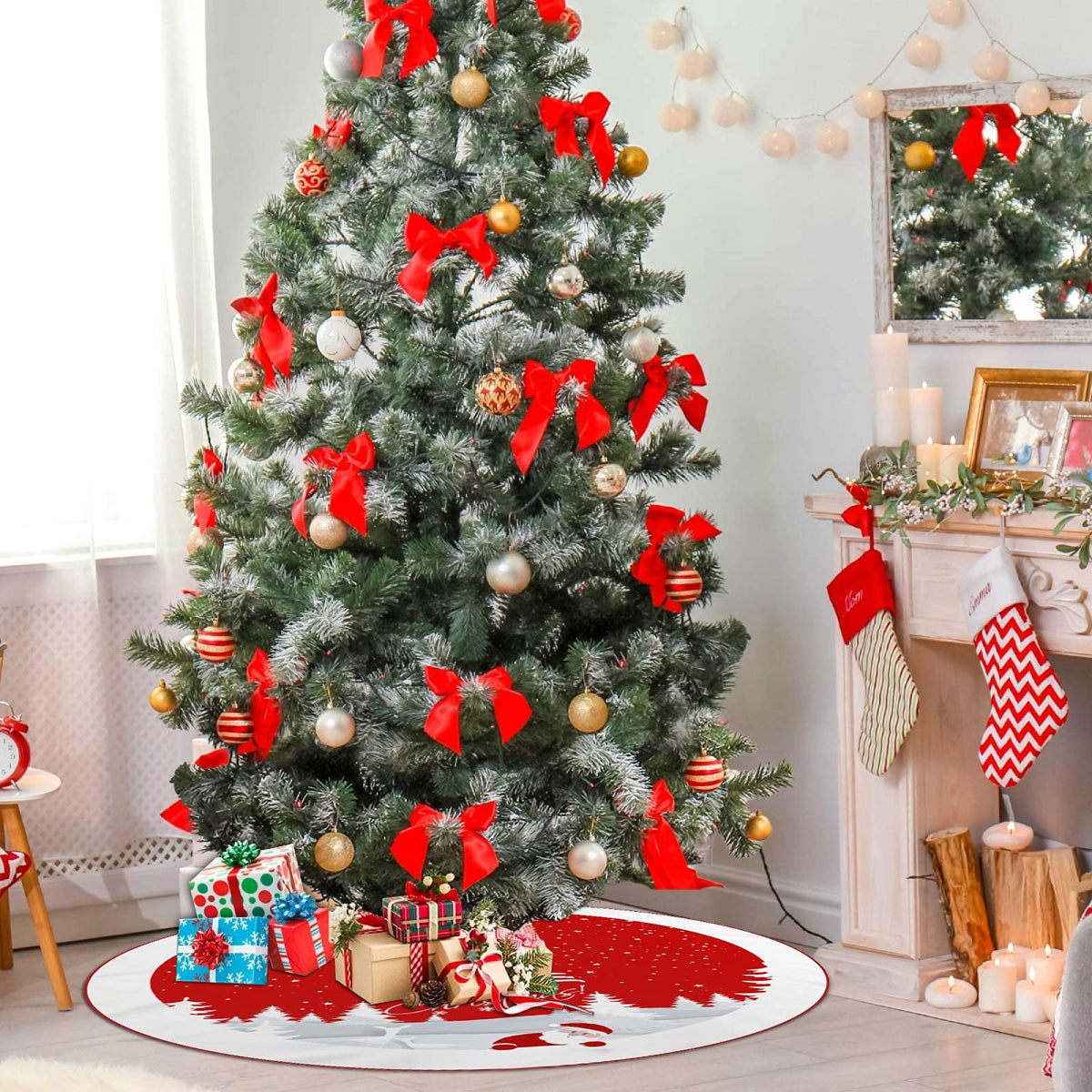Christmas Tree Skirt Red Xmas Tree Ornaments for White Soft Plush Christmas Tree Mat with Snowy Pattern for Decorations Holiday Party 48 inches