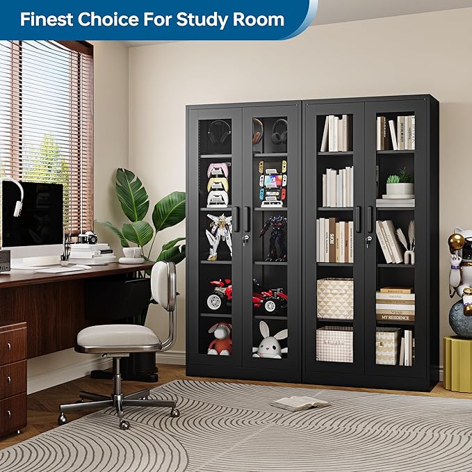 PEUKC Display Cabinet with Glass Doors, 71 Inches Metal Display Case with 4