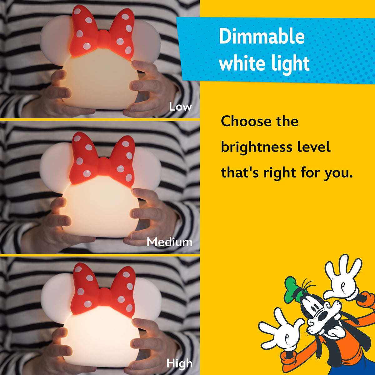 Disney Minnie Mouse Squishy Light, Color Changing, Night Light for Kids, USB Lamp, Battery Operated, Dimmable, Ideal for Bedroom, Playroom, Living Room, and More, 66945