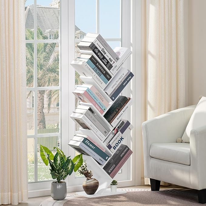 SHEEPAM 10 Tier Tree Book Shelf, Floor Standing Wood Bookshelf