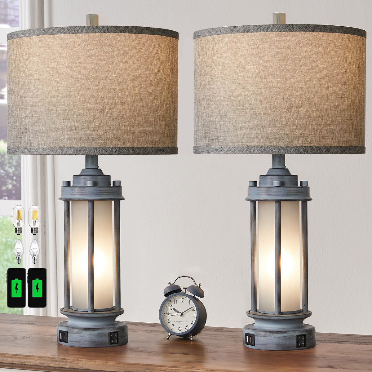 AIEAMPDO Set of 2 Rustic Table Lamps for Living Room with 2 USB C+A Ports