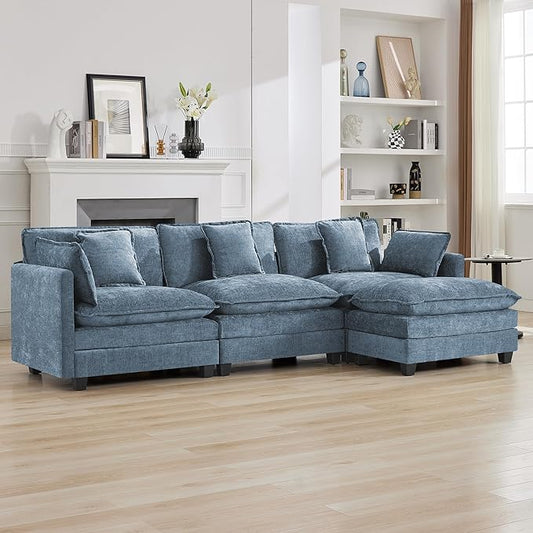 111'' Sectional Cloud Deep Seat Couch, Modern Comfy Chenille L Shaped Sectional