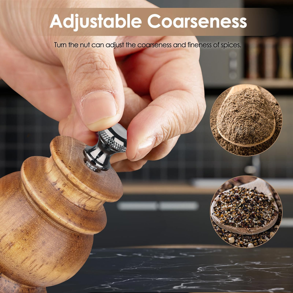 Foyucool Wooden Salt and Pepper Grinder Set with Wooden Tray and Spoon, 8 Inch Manual Salt and Pepper Mill, Adjustable Coarseness, Refillable with Ceramic Core for Spices, Clear Acrylic Chamber