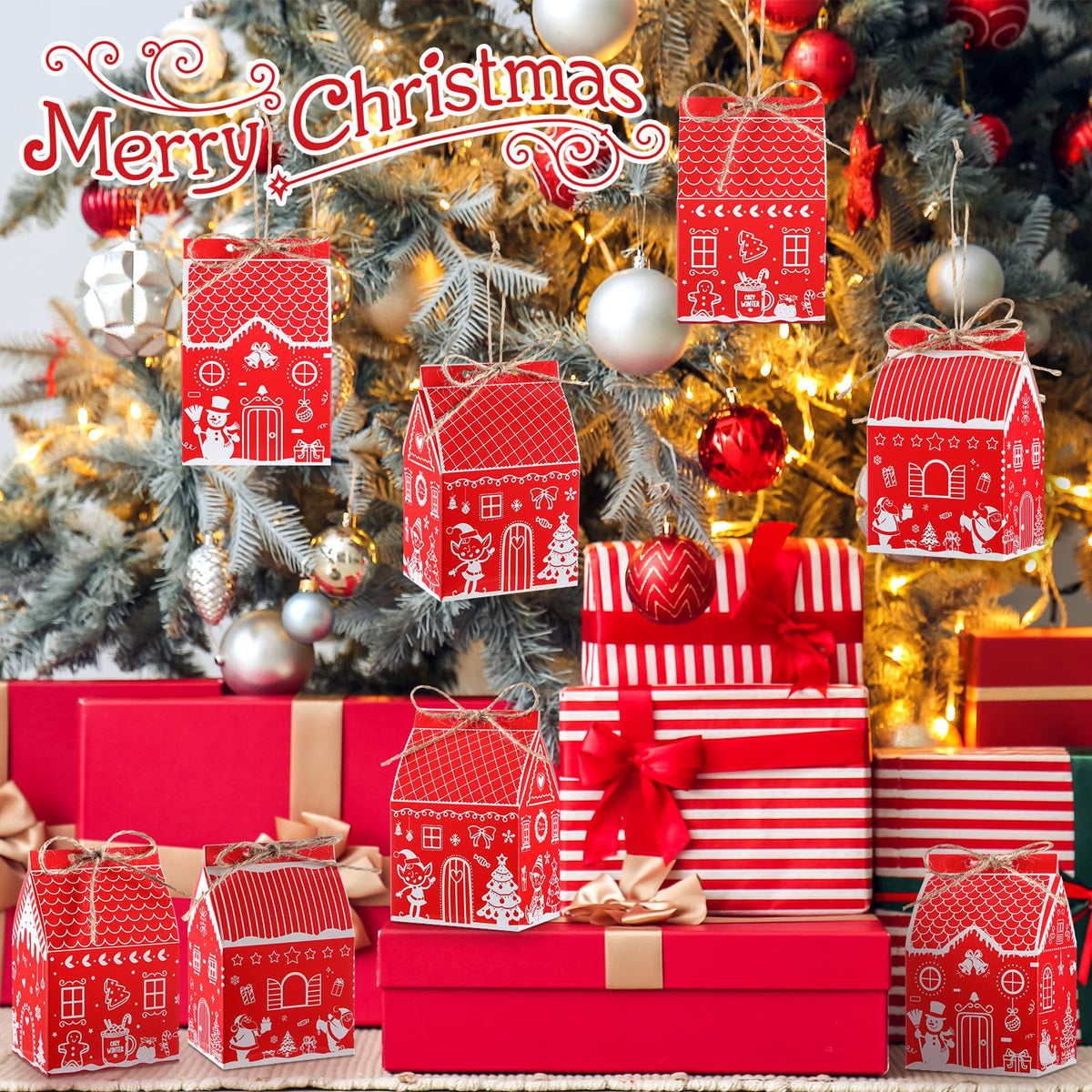 Zhanmai 48 Pcs Christmas Treat Boxes Candy Red Village Vintage Mini Gingerbread House Favor Box Christmas Party Paperboard Gift Boxes for Xmas Holiday Party Treat Cookie Goodie Snack Gift Packaging