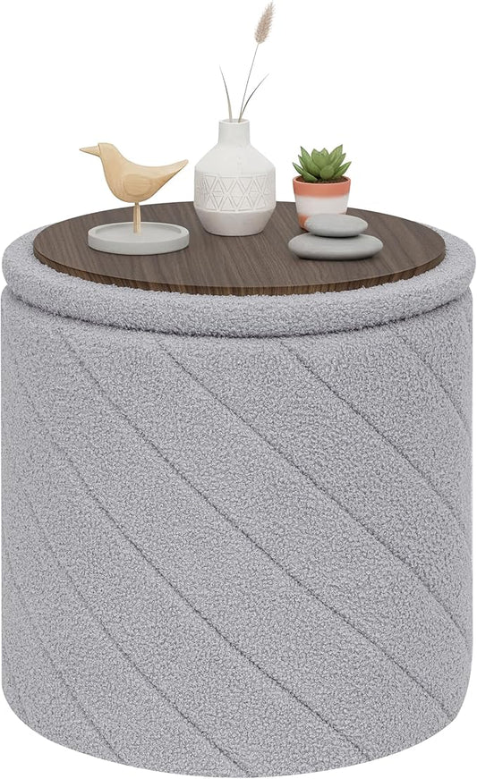 PINPLUS Ottoman with Stroage Round Boucle Ottoman and Tray Sherpa Removable