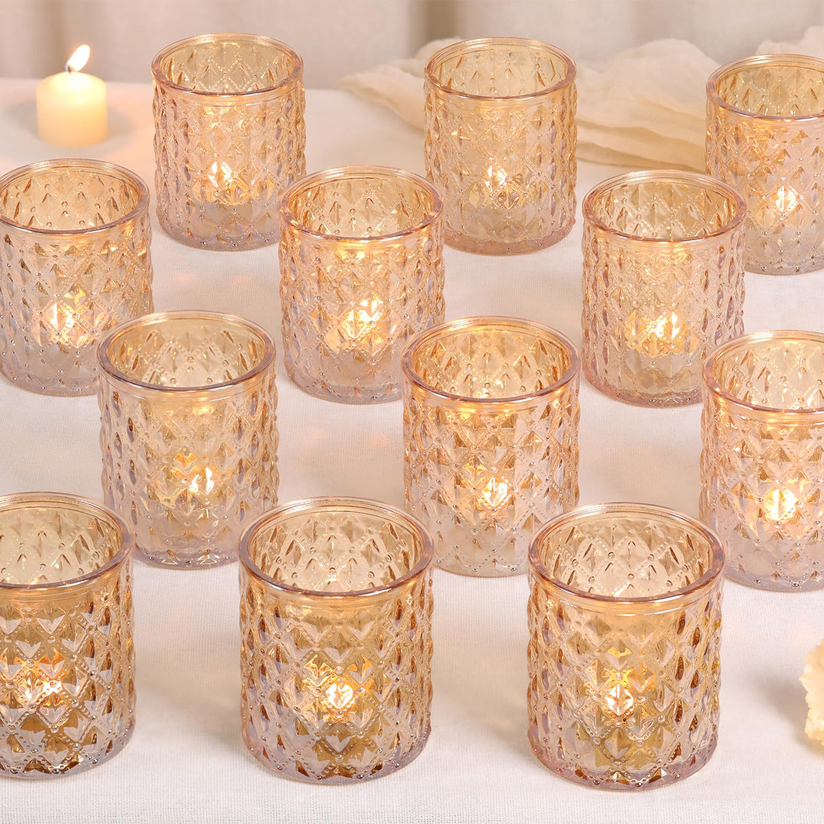 MATAHUM 12 Pcs Large Votive Candle Holders 2.8 * 3.2 inch Gold Tea Light Candle Holders Glass Candle Holder for Bridal Shower, Wedding, Table Centerpiece, Party, Home Decor
