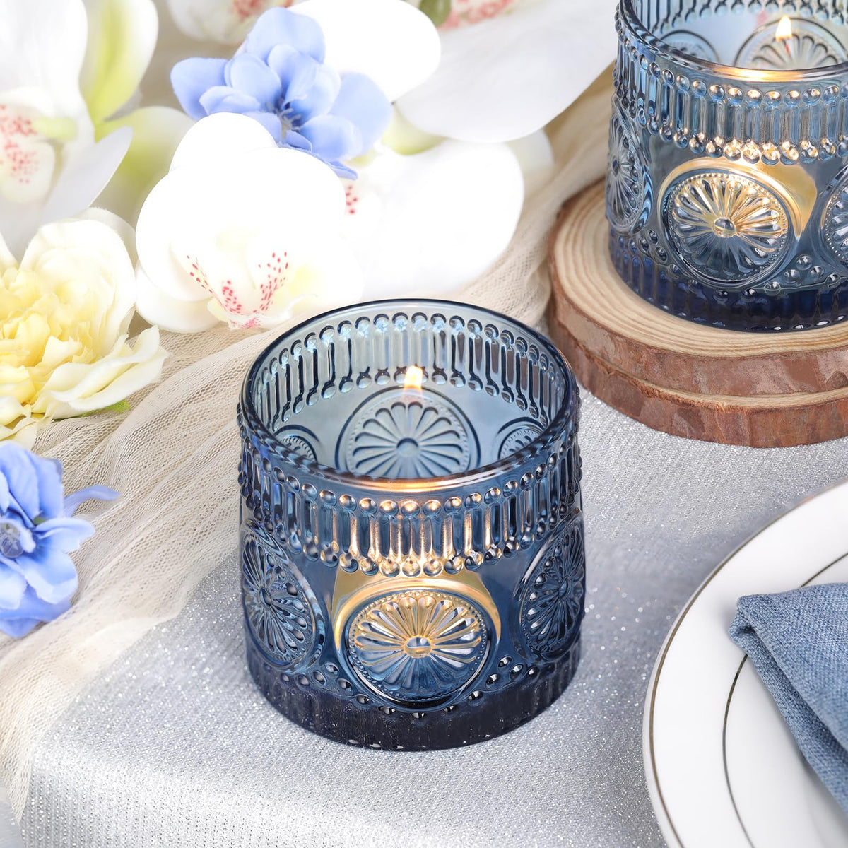 Sunnyfuture 6Pcs Large Votive Candle Holders Blue Glass Tealight Candle Holders for Wedding, Table Centerpiece, Party, Birthday, Home Decor