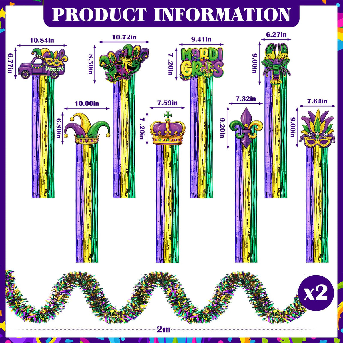 Gemscream 10 Pack Mardi Gras Decorations Set Mardi Gras Party Supplies Includes 8 Pcs Tassel Hanging Swirls and 2 Pcs 6.6ft Garland Hanging Outdoor Decor for Carnival Festival Home Garden Yard Decor