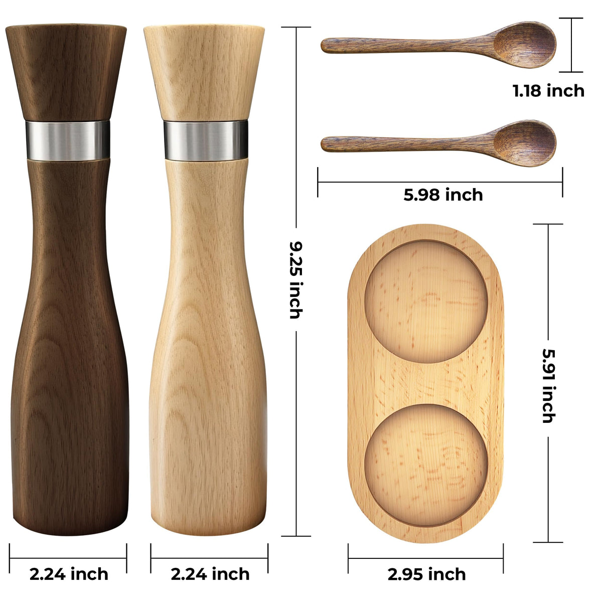 WARMKEY Kitchen Wooden Salt and Pepper Grinder Set: Refillable Salt & Pepper Mills Adjust for Customized Coarseness, 9" 5PC with Tray & Spoons,Non-Slip Base-Kitchen Counter Decor