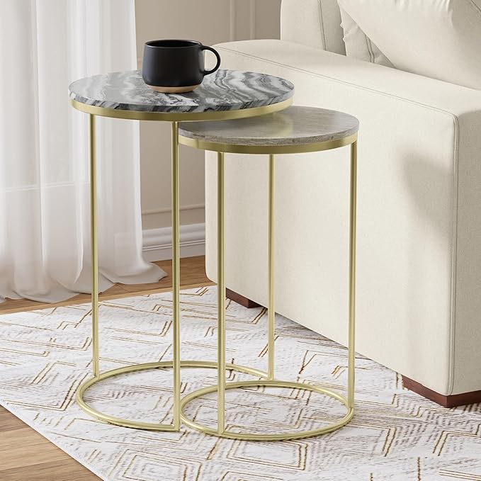 SIMPLIHOME Ashley Nesting Tables Set – 16 inch Wide Genuine Marble Top Metal