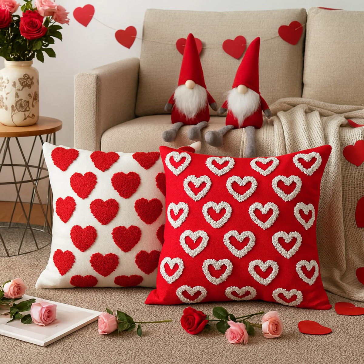 Fourluoo 4 Pcs Valentine's Day Throw Pillow Covers 18x18 Inch Soft Heart Decorative Pillowcase Plush White Red Soft Plush Pillow Covers Cushion Case Decorations for Sofa Living Room Valentine Gift