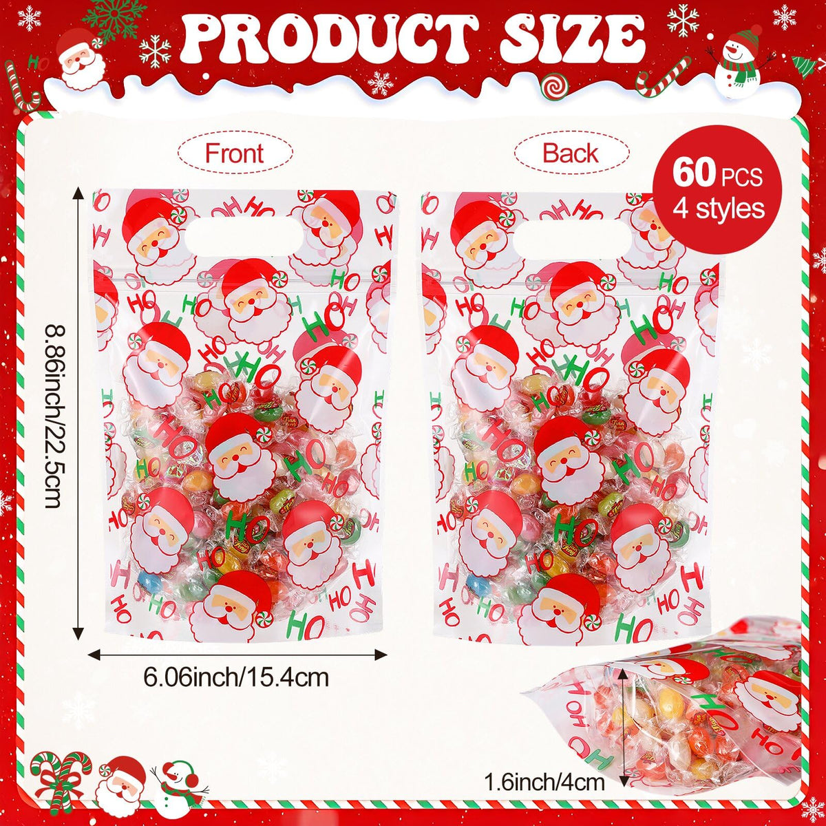 Pasimy 60 Pcs Christmas Bags with Zipper Sealing Candy Bags Bulk Resealable Xmas Treat Bag Christmas Sealing Bag with Handle Plastic for Xmas Winter Holiday Party Candy Small Gift Wrapping Supply