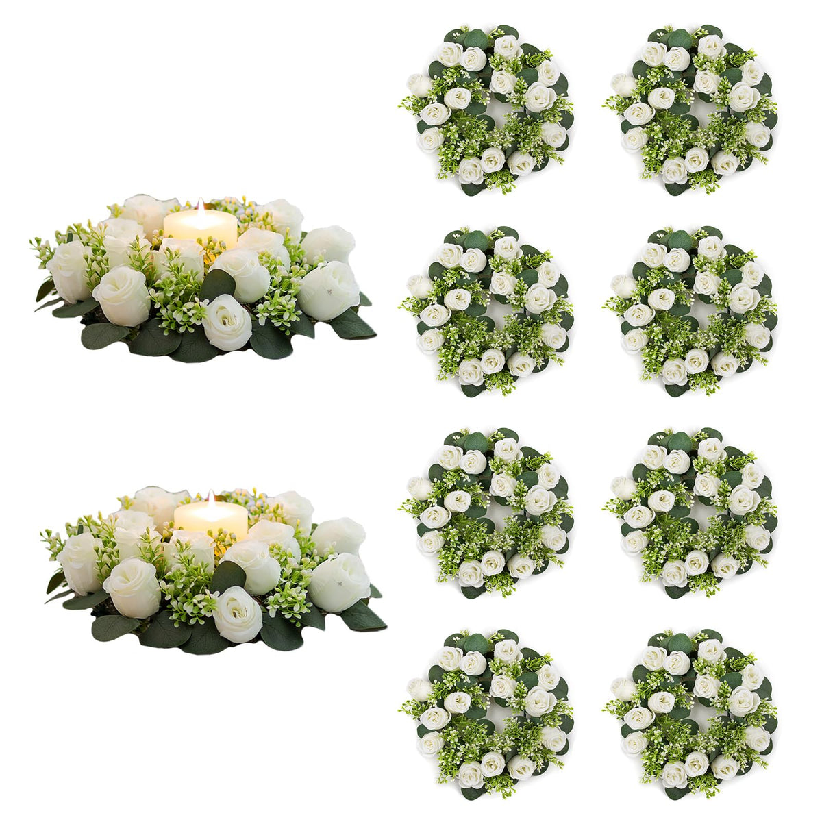 NUPTIO Flower Wedding Centerpieces for Tables - 10 Pcs 14 inch Diam Large White Artificial Flowers Fake Roses Candle Rings Wreaths Spring Summer Wreath for Front Door Weddings Party Ceremony Decor