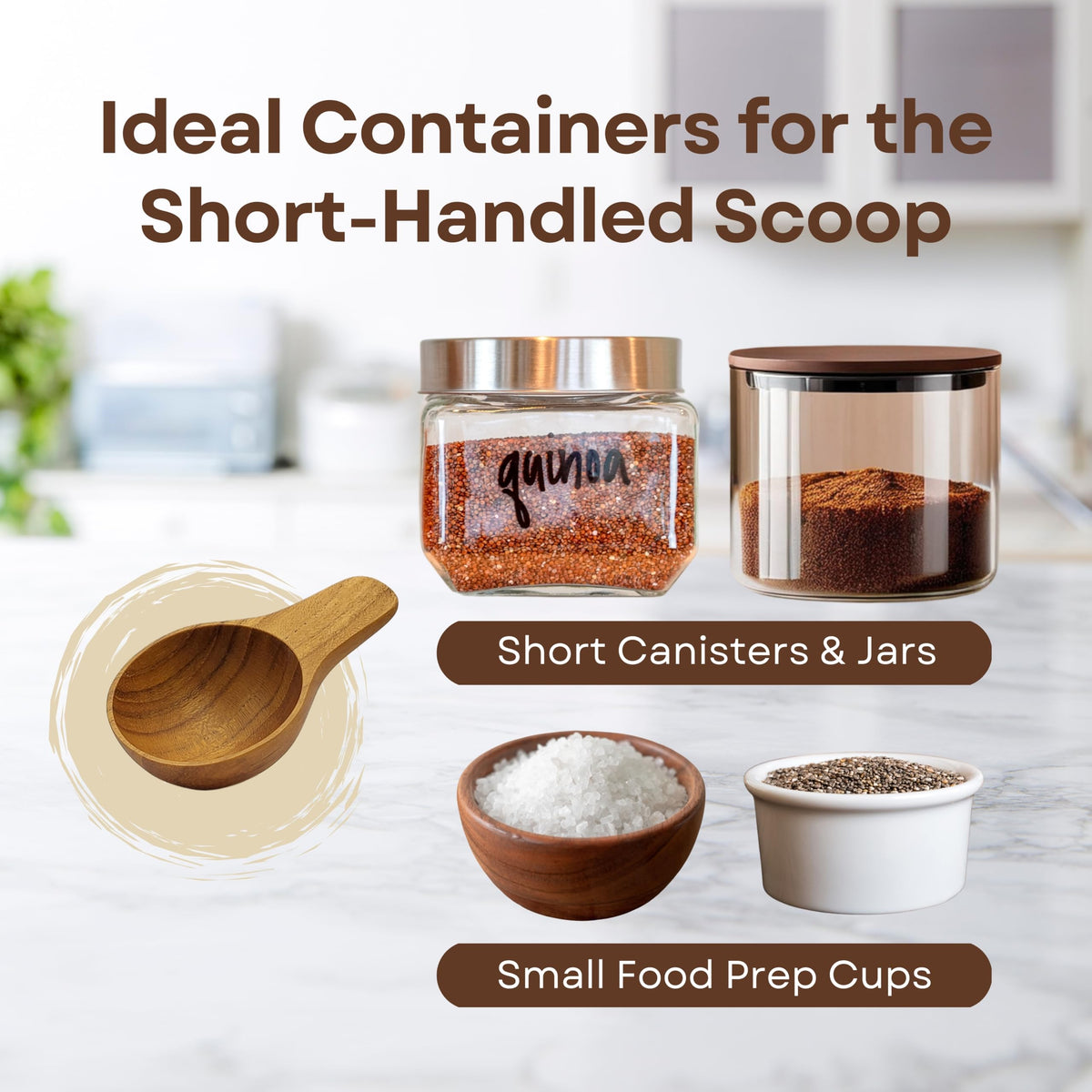 GWYNTH 2 Pieces Small Wooden Spoon, Short Handle Teak Wood Scoops for Coffee Beans Tea Salt Sugar for Spice Jars and Short Containers
