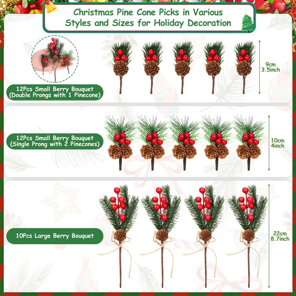 34Pcs Artificial Christmas Floral Picks, Red Berry Picks with Pinecones and Pine Branches, Fake Berries Pine Cone Berry Stems Set for Wreath, Garland, Vase, Tree, Holiday Home Winter Decorations
