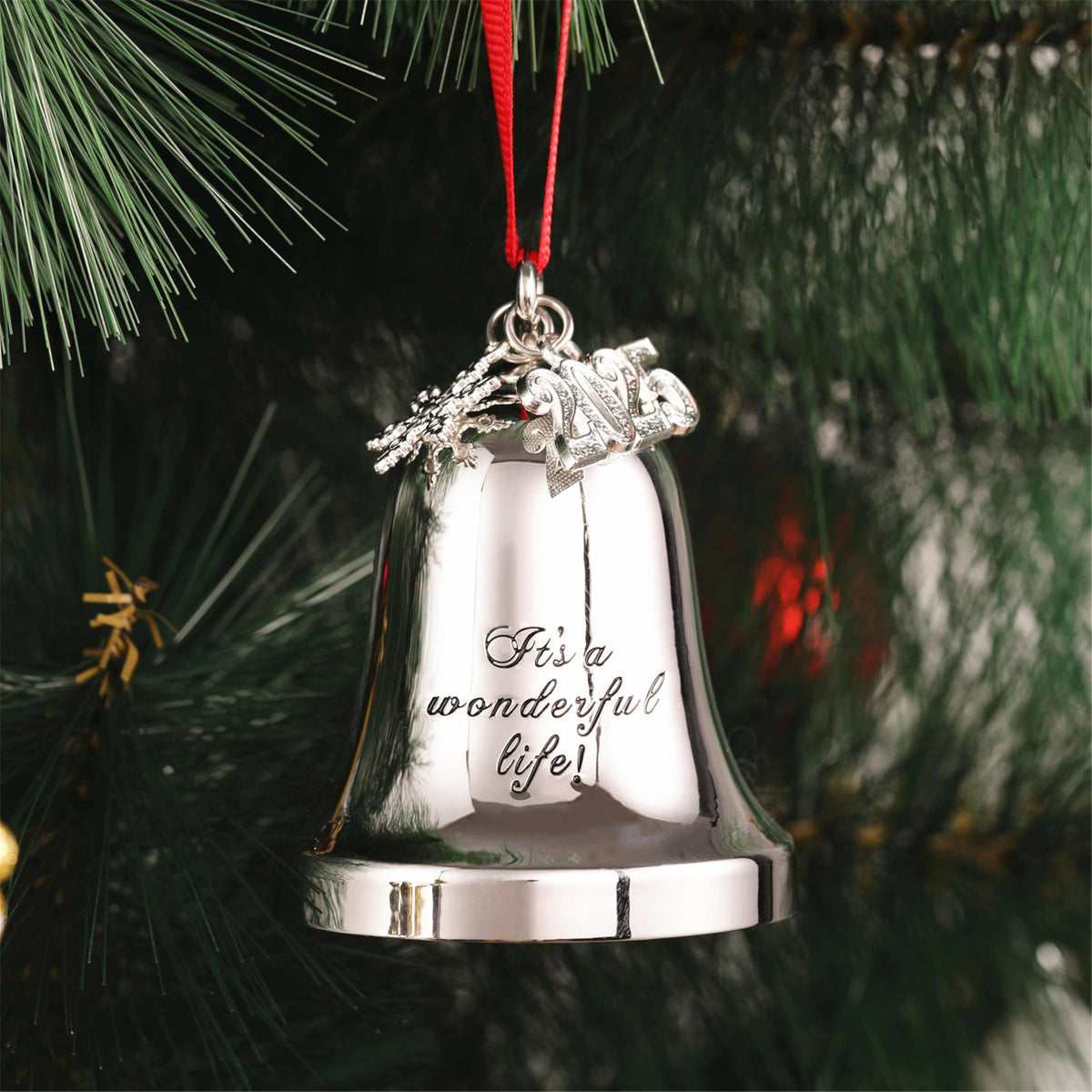 JUPPE It's a Wonderful Life Silver Bell Christmas Ornament, 3 Inch Metal Holiday Tree Decoration with Snowflake Topper, 2026 Charm and Red Ribbon (Silver)