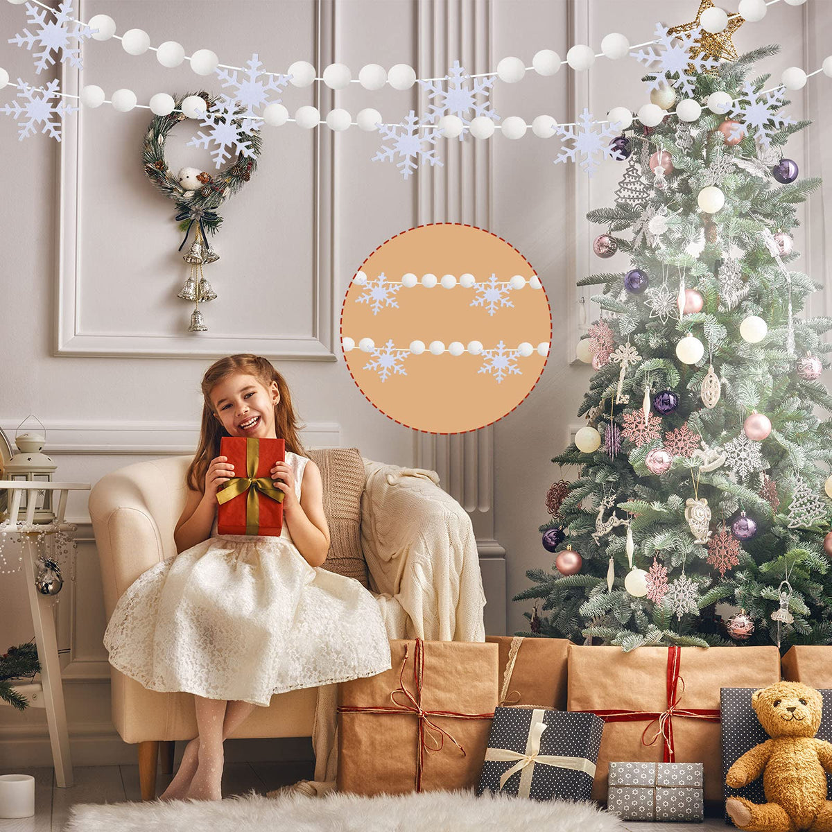 Tegeme 2 Pcs 13.2ft White Felt Pom Pom Garland Christmas Tree Decorations Cute Winter Snowball Snowflake Ornaments Hanging String Pompom Snowball Beads Xmas Holiday Birthday Party Banners